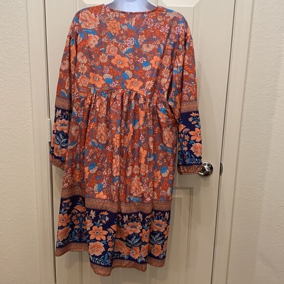 Made With ❤️ Dress Tunic Top V Neck 3/4 Sleeves Elastic Floral Orange Blue XXL - Picture 5 of 10